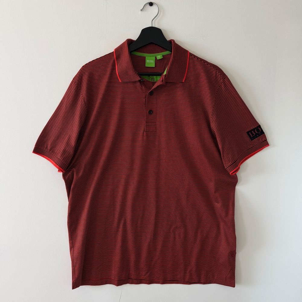 Hugo Boss Green Label Mens Red Black Micro Stripe Polo Shirt Made in Italy XL